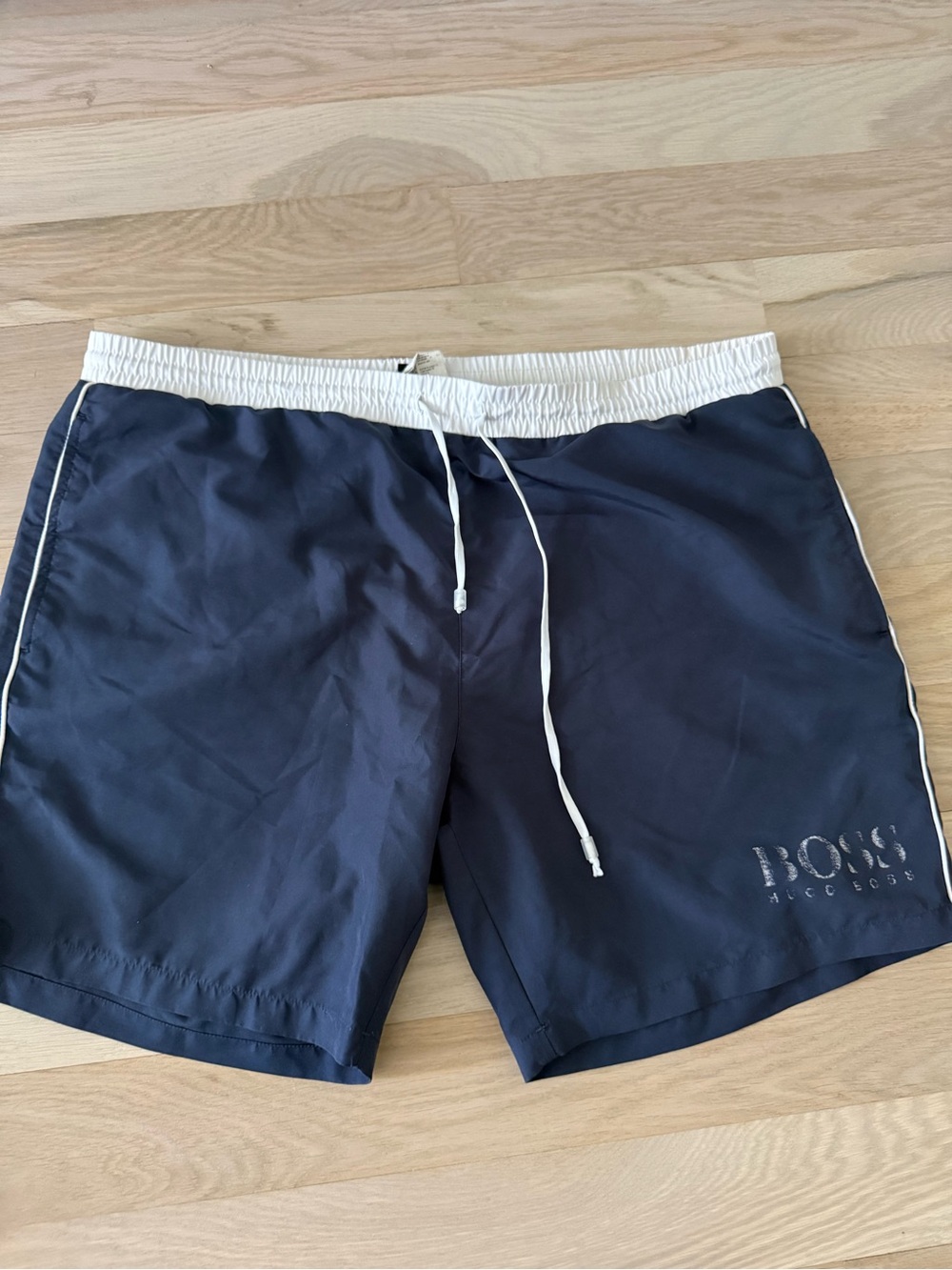 BOSS Navy Swim Trunks with White Waistband and Drawstring